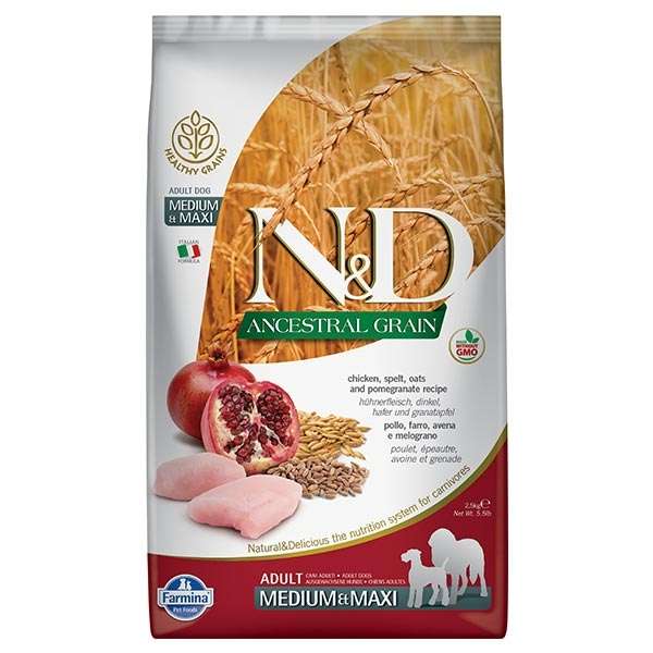 Natural & Delicious Low Ancestral Grain Adult Medium/Maxi con Pollo, Farro, Avena e Melograno